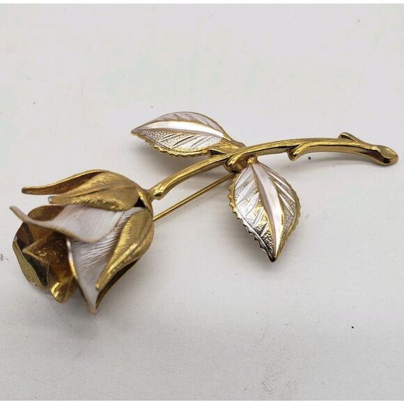 Vintage Brushed Silver & Gold Tone Single Rose Brooch Pin 3" - Picture 1 of 9